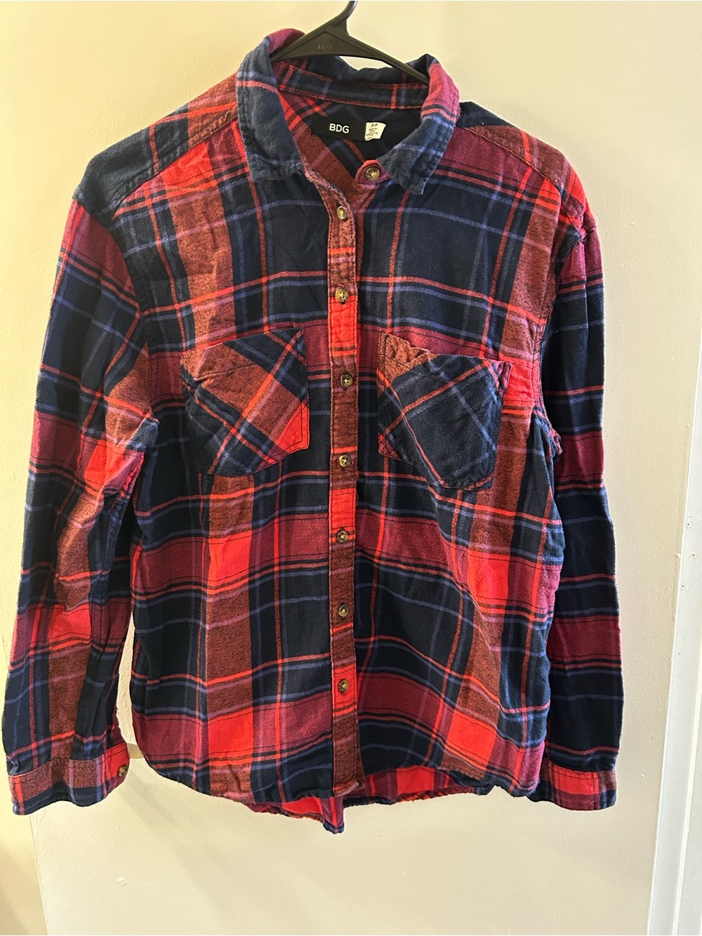BDG Red and Navy Plaid Button-Down Flannel Shirt
